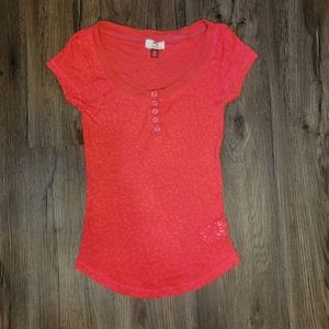 2000s Vintage Neon Leopard Burnout Orange Henley T Shirt lei Y2k
